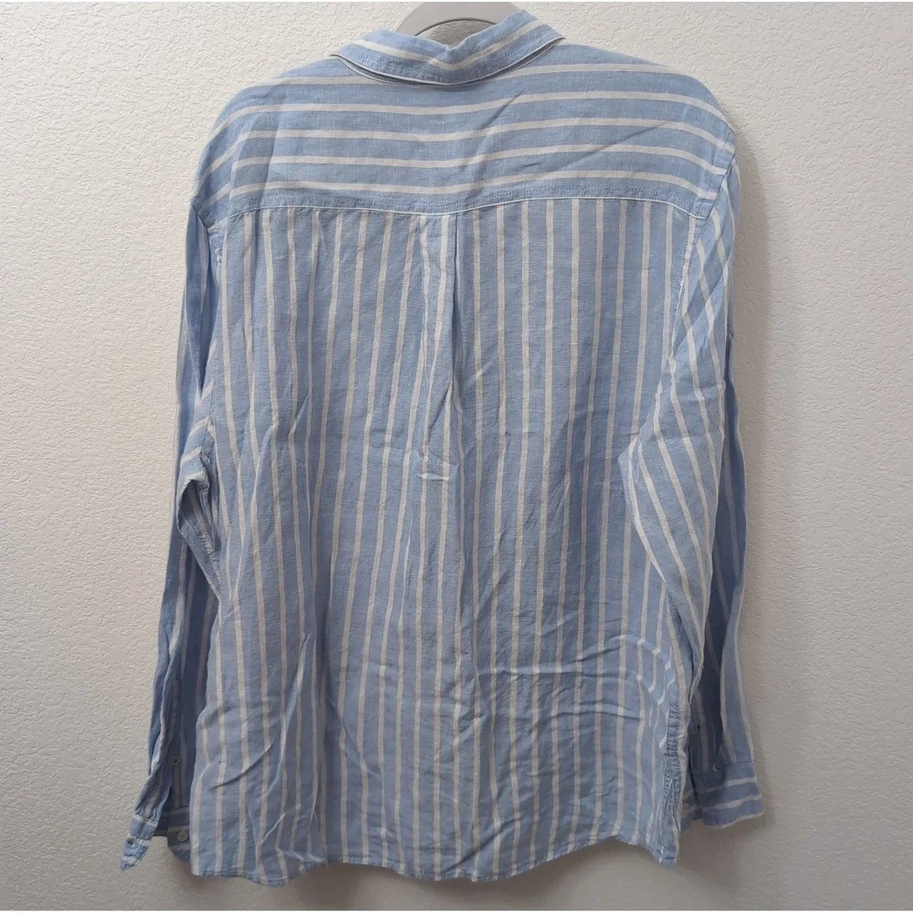 Banana Republic Mens XL 100% Linen Button Down Shirt Blue White Striped Resort